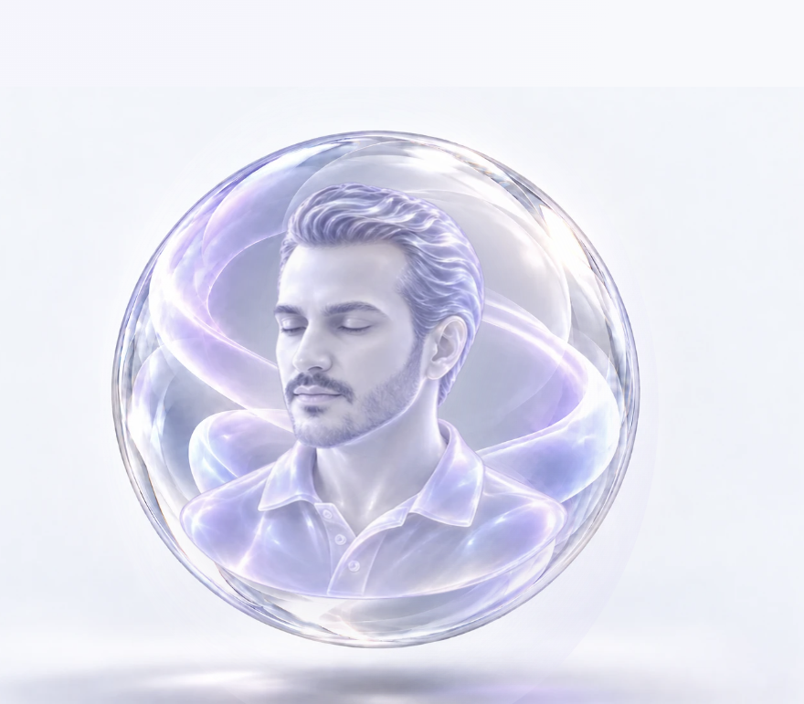 Moe with closed eyes in the approved pearl-white and lavender glass sphere